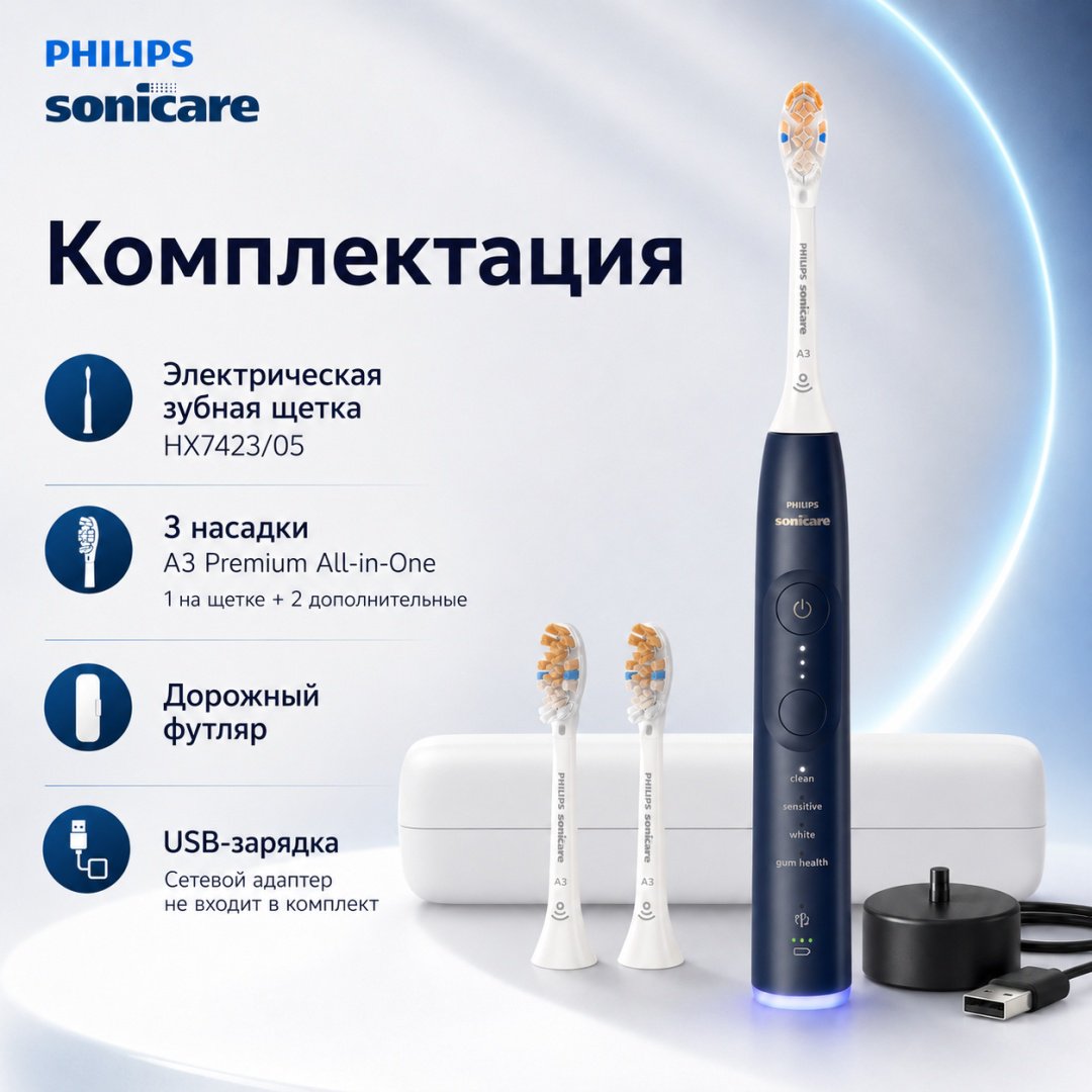 Philips звуковая щетка 7300 Series HX7423/05 щетина средняя синий купить,137997