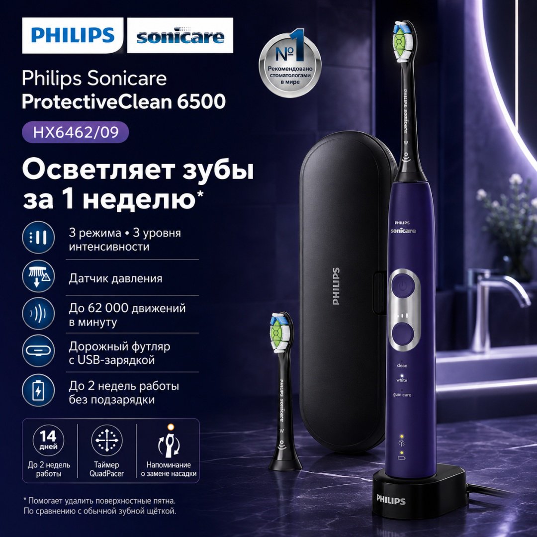 Philips звуковая щетка ProtectiveClean 6500 HX6462/09 щетина средняя фиолетовый купить,NaN