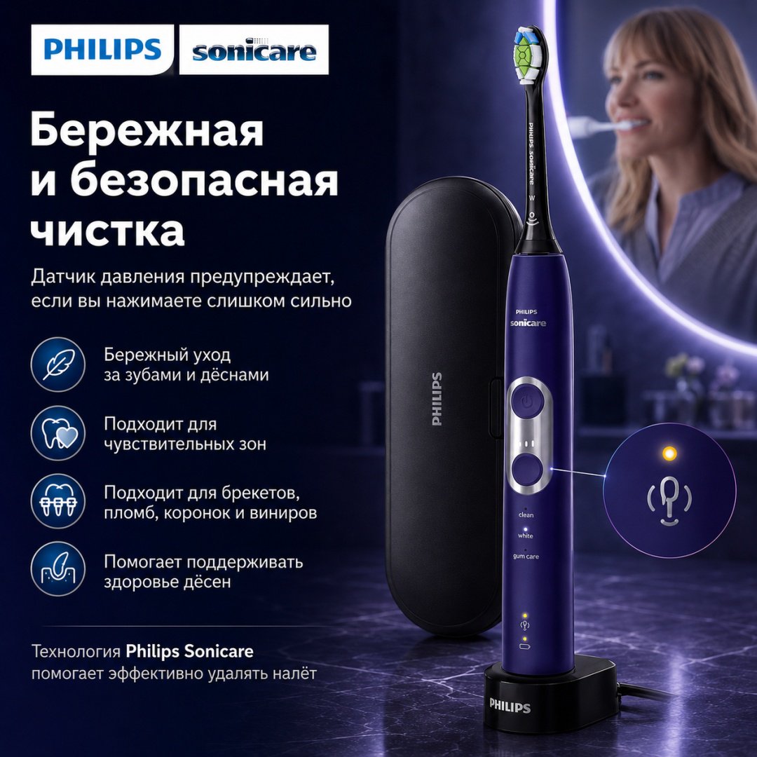 Philips звуковая щетка ProtectiveClean 6500 HX6462/09 щетина средняя фиолетовый купить,NaN