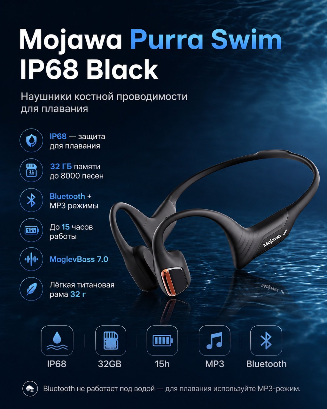Наушники Mojawa Purra Swim IP68 черный купить,NaN