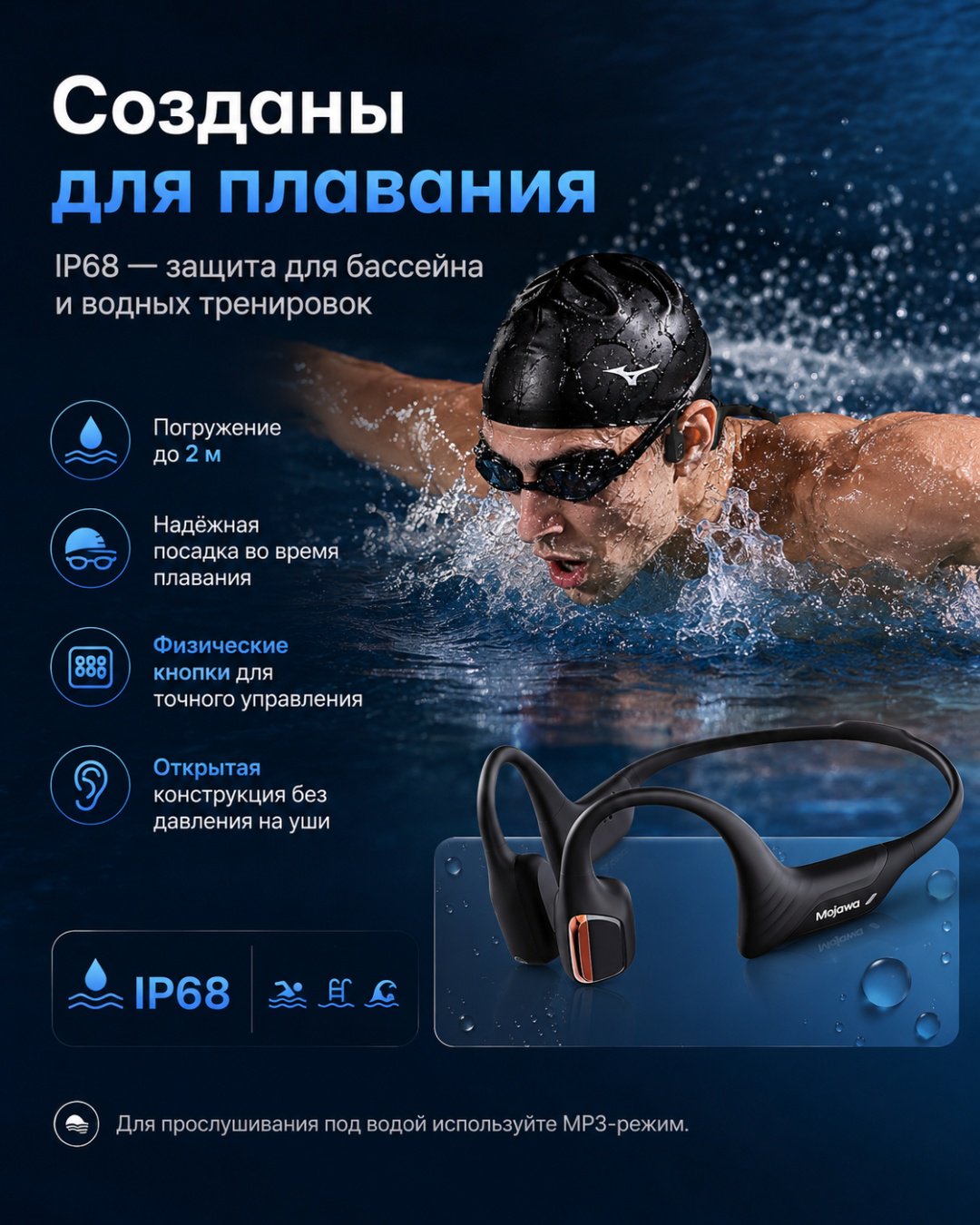 Наушники Mojawa Purra Swim IP68 черный купить,NaN