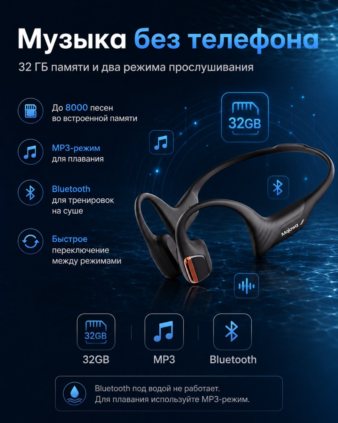 Наушники Mojawa Purra Swim IP68 черный купить,NaN