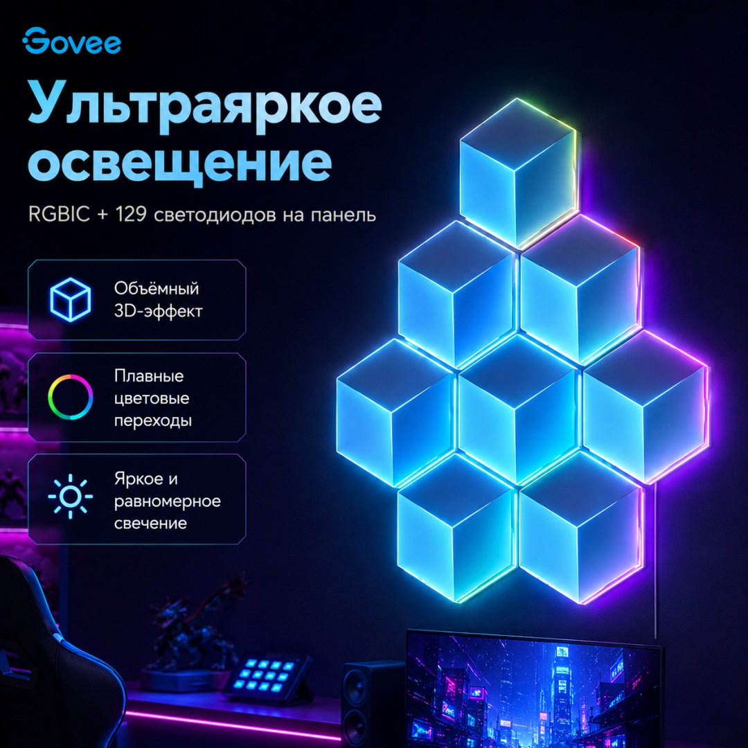 Govee декоративный светильник настенный Glide Hexagon Light Panels Ultra, разноцветный
