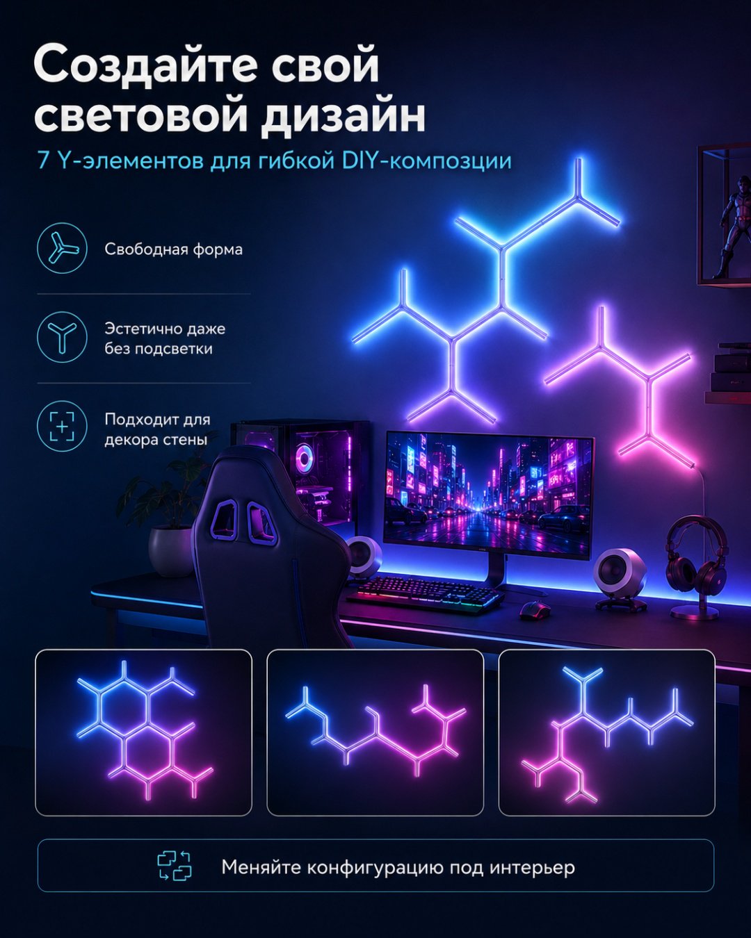 Govee декоративный светильник настенный Glide RGBIC Y Lights, разноцветный купить,157023