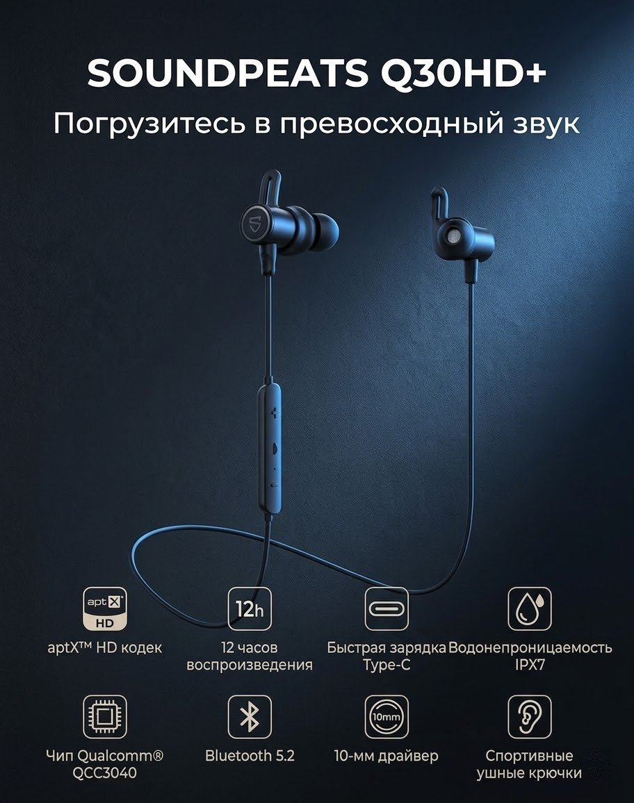 Наушники SoundPEATS Q30 HD+ черный купить,10350
