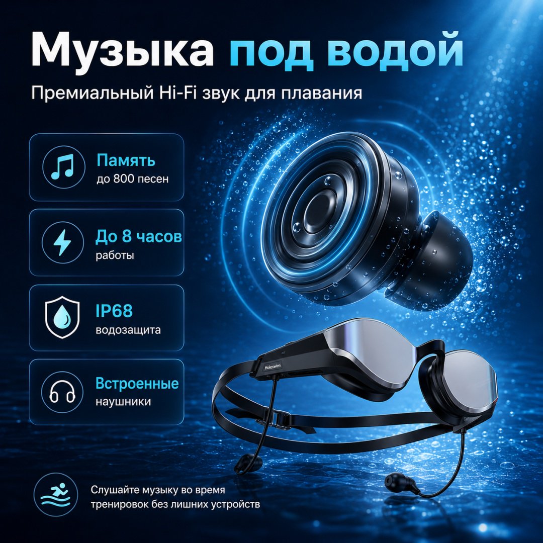 Очки Holoswim SollaWave Smart Swim Goggles with Swimming Headphones унисекс черный купить,148861