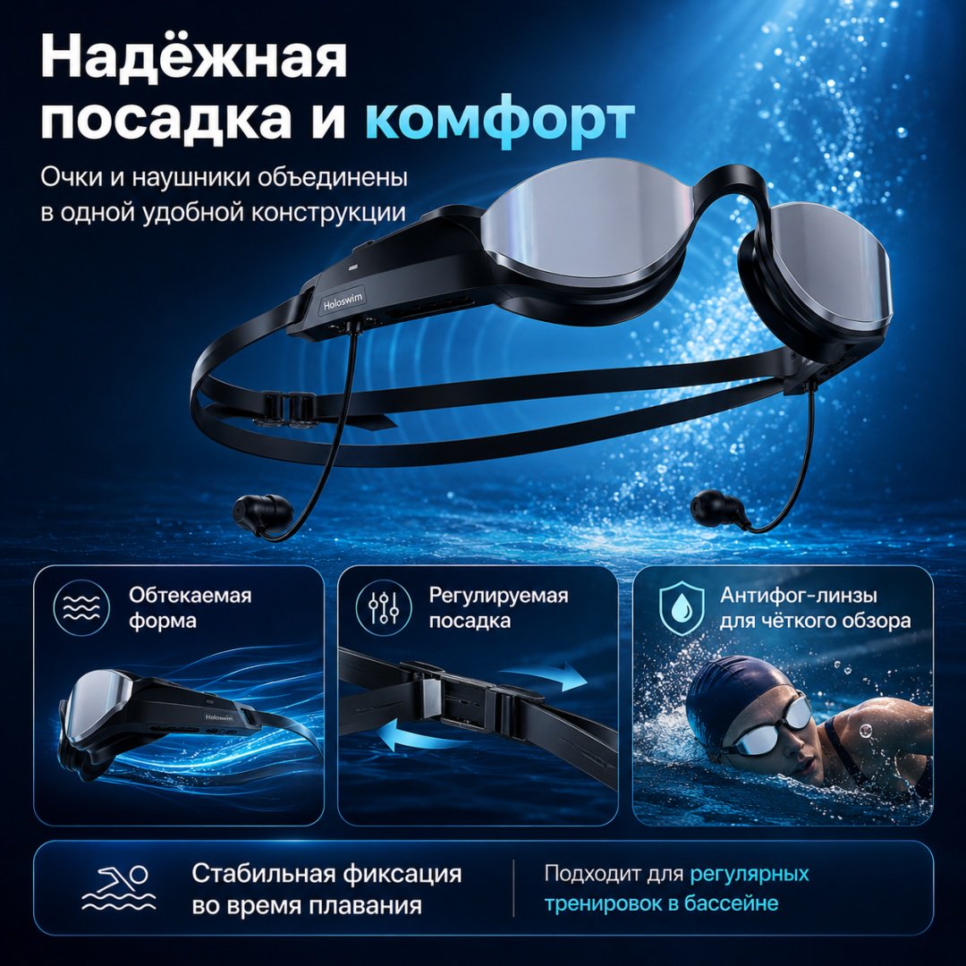 Очки Holoswim SollaWave Smart Swim Goggles with Swimming Headphones унисекс черный купить,148861
