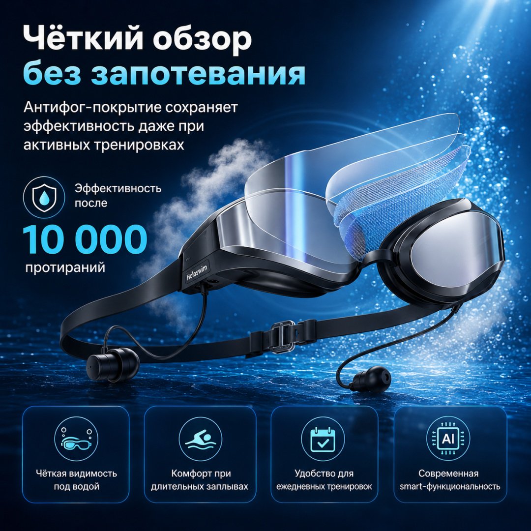 Очки Holoswim SollaWave Smart Swim Goggles with Swimming Headphones унисекс черный купить,148861