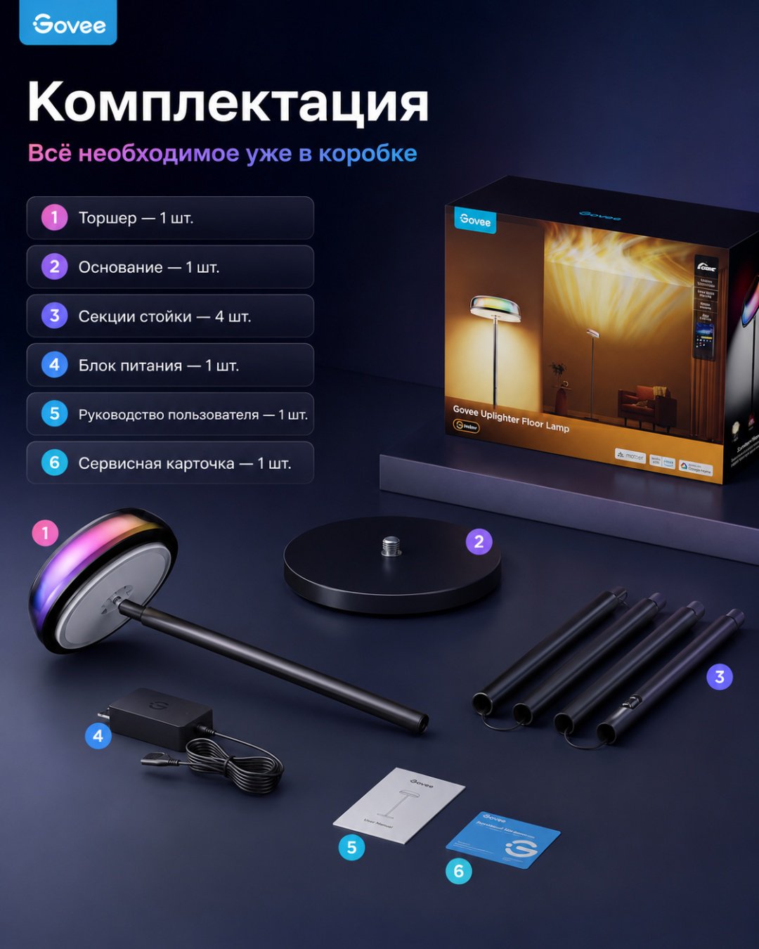 Напольная лампа Govee 7 Govee LED, 24 Вт, пластик, металл, алюминий