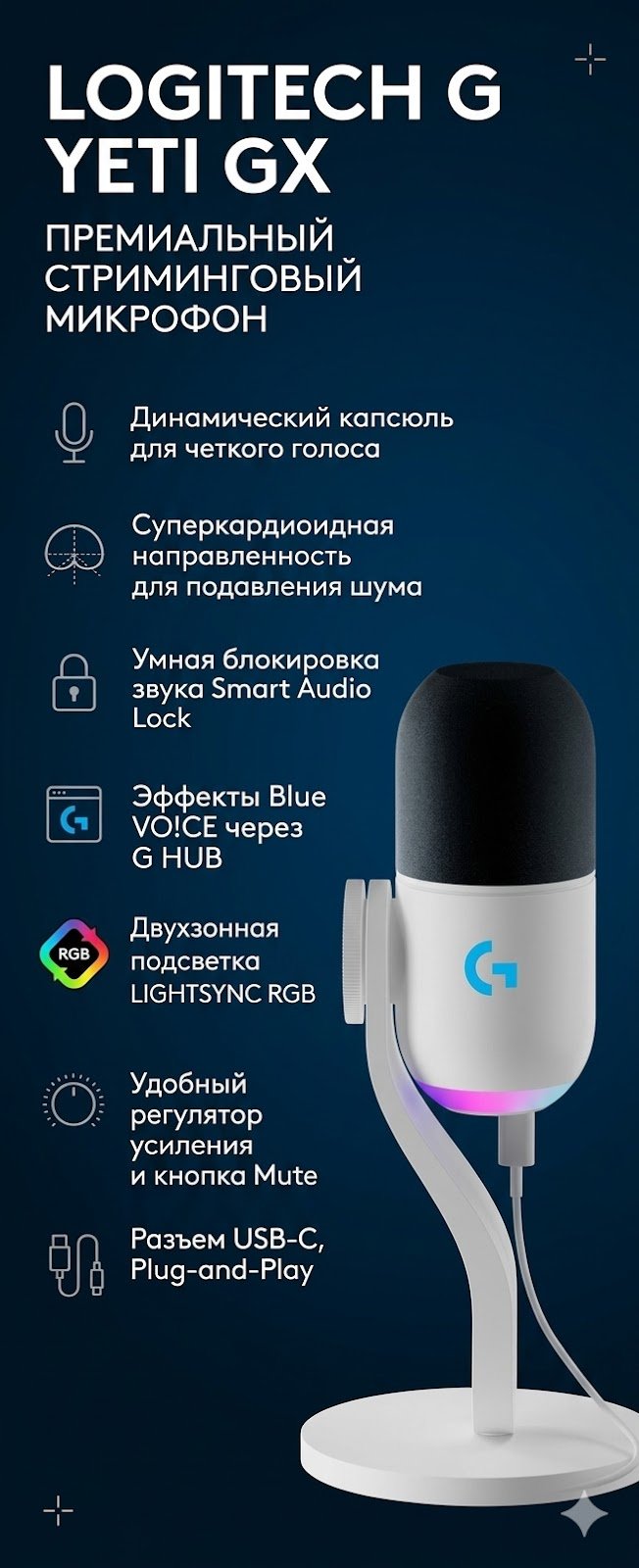 Микрофон Logitech Yeti GX белый купить,114742