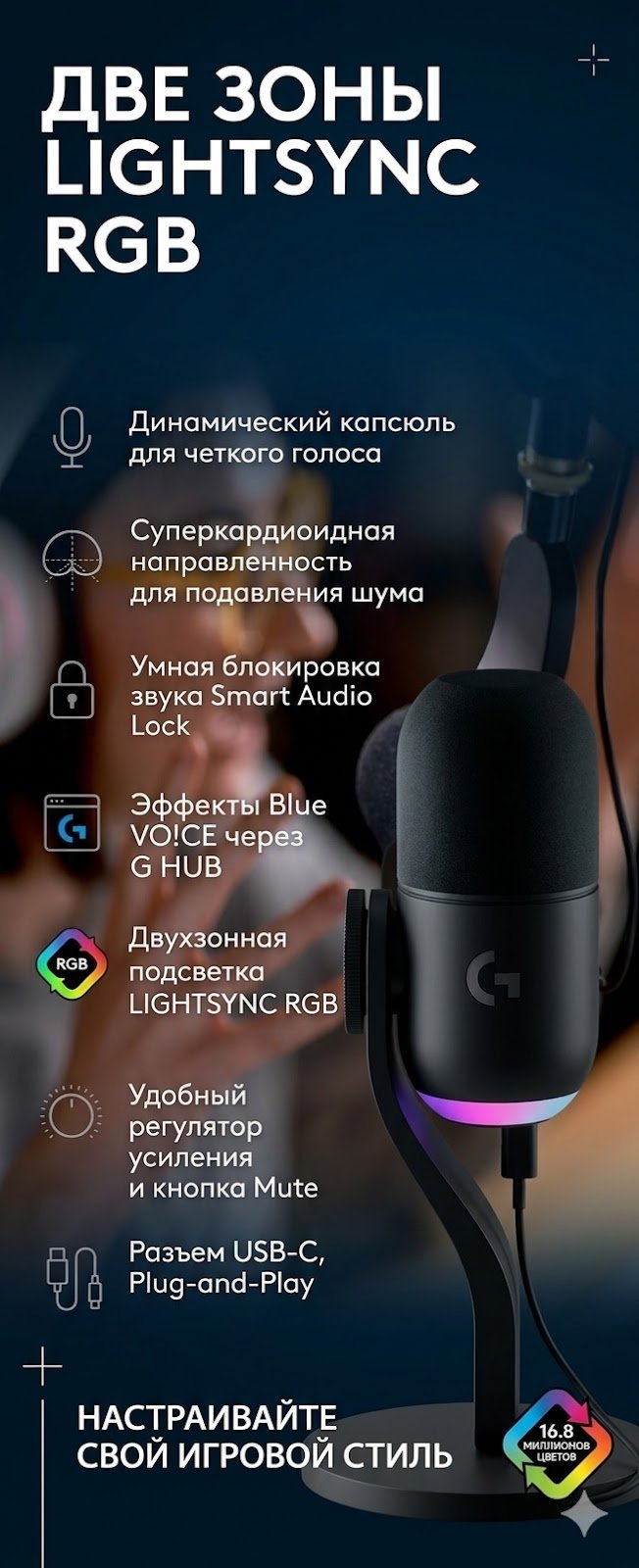 Микрофон Logitech Yeti GX черный купить,123027