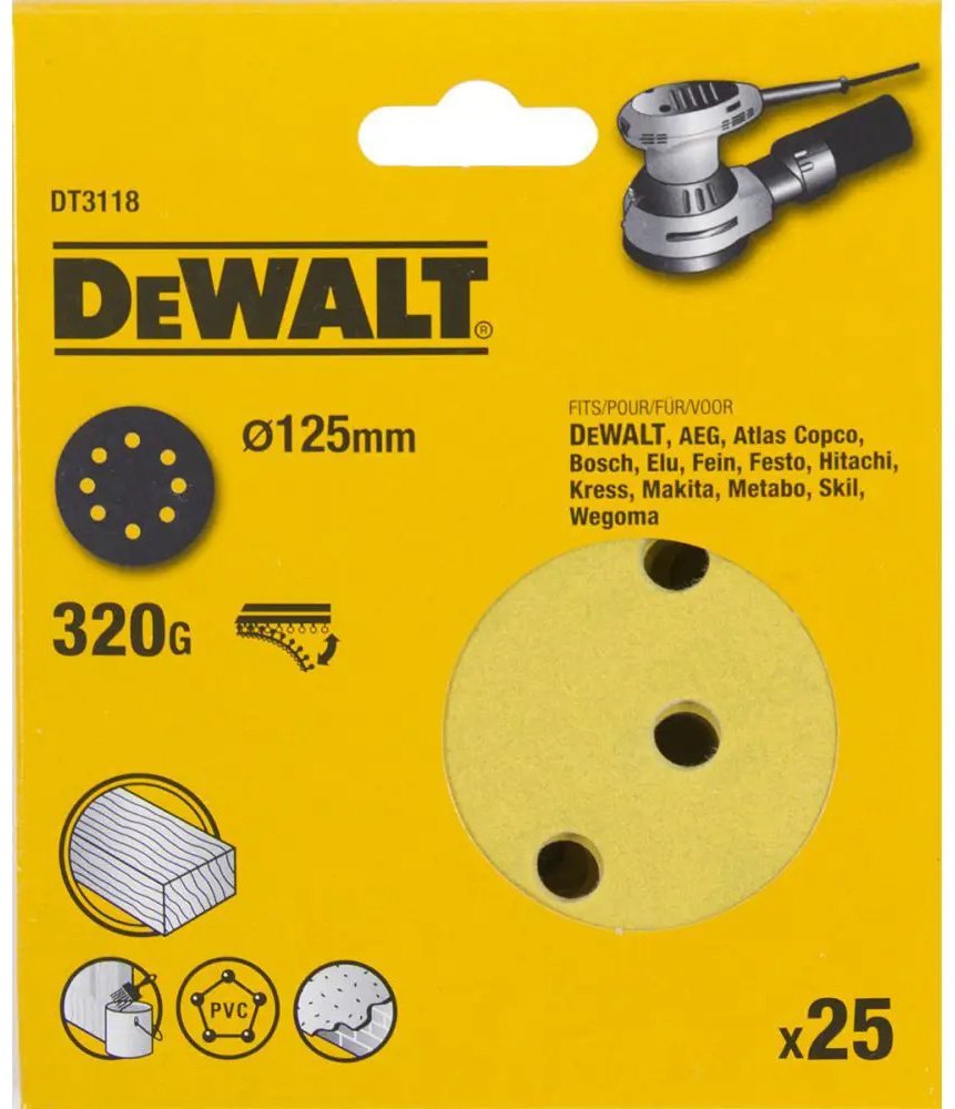 Шлифовальный круг DeWALT 125 мм, абразивный материал Р320, 25 шт. арт. DT3118-QZ купить,NaN