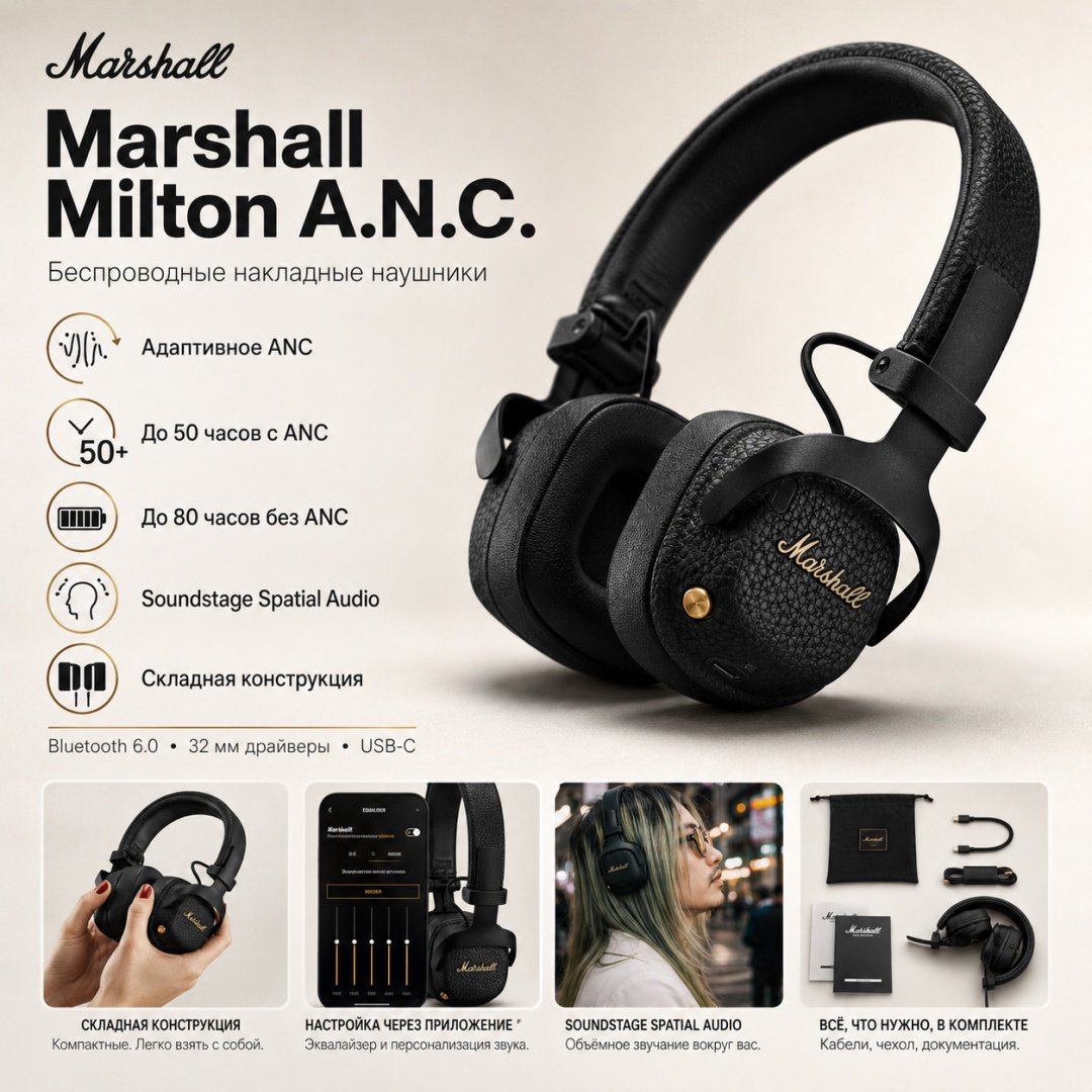 Наушники Marshall Milton A.N.C. черный купить,NaN