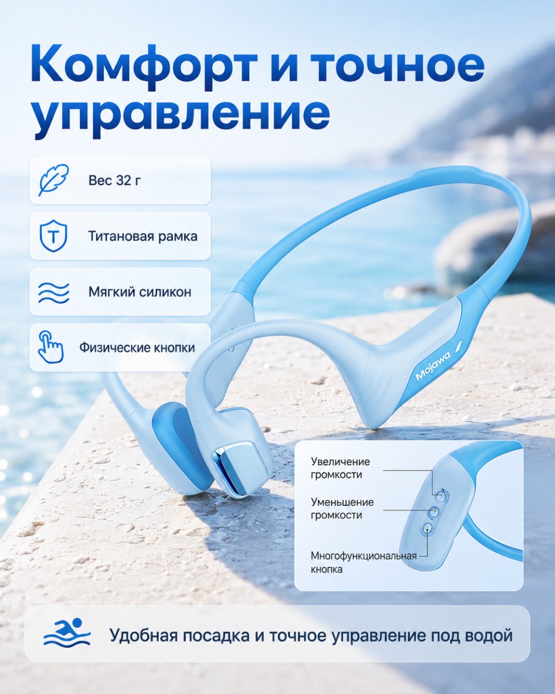 Наушники Mojawa Purra Swim IP68 голубой купить,NaN