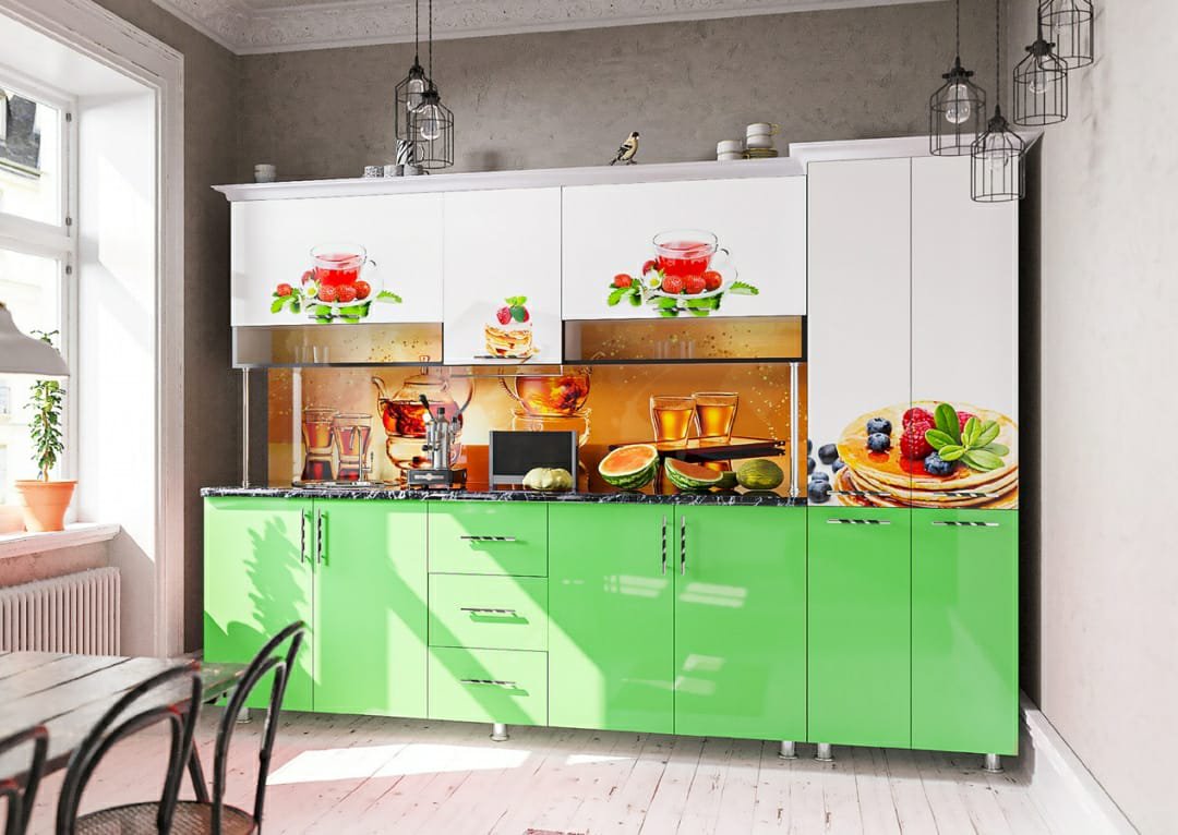 Кухонный гарниутр Азия бренл Нелли 2,6м белый-салатовый