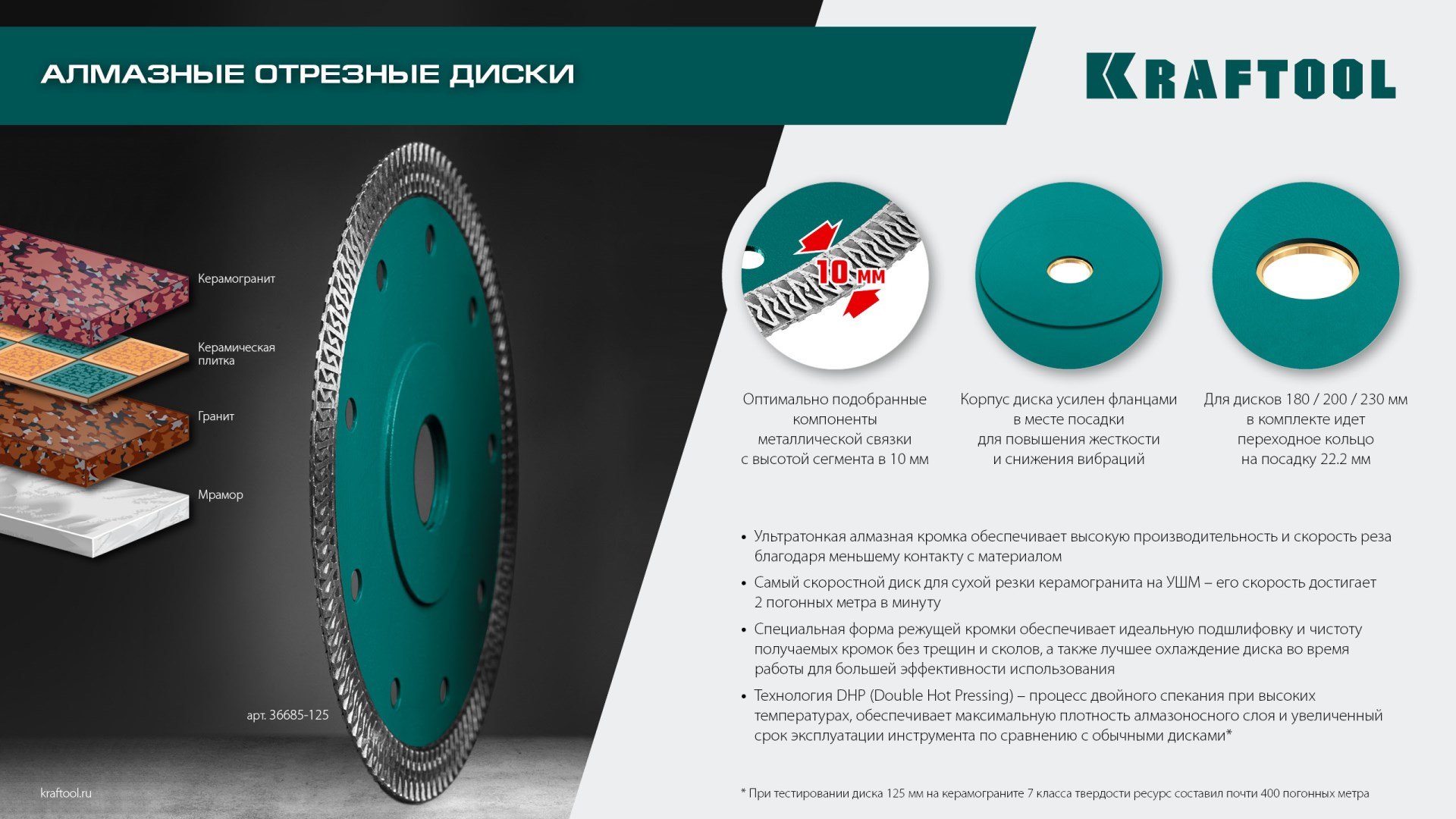 Диск отрезной алмазный 125x22.2х1.2 мм, Kraftool 36685-125 купить,6585