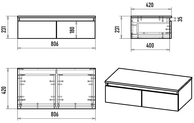 Тумба без раковины KABINKA.KZ DAK-009080-19-012Я, 80.6x23.1x42 см, белый, коричневый