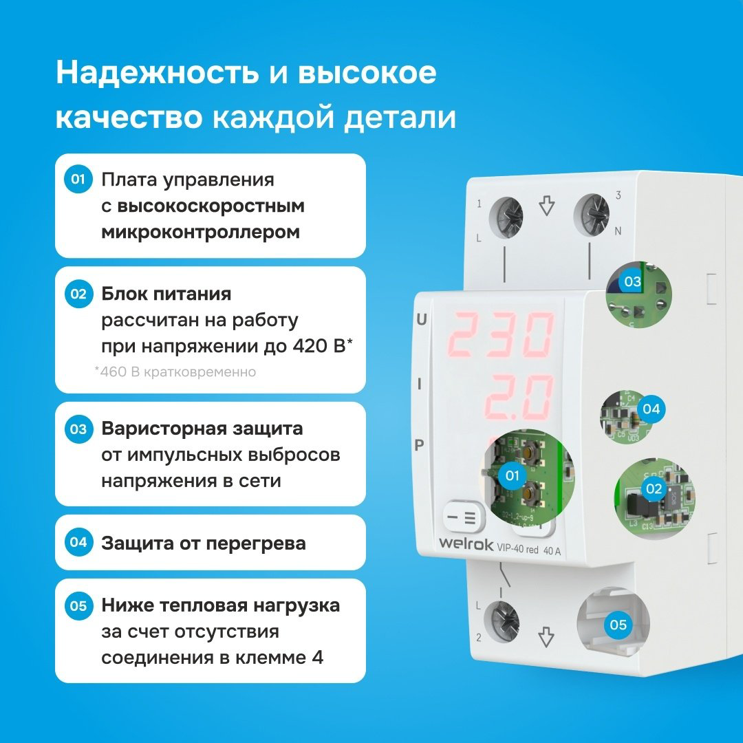 WELROK реле контроля напряжения AC 230 В 40 А, кол-во фаз : 1 купить,24529