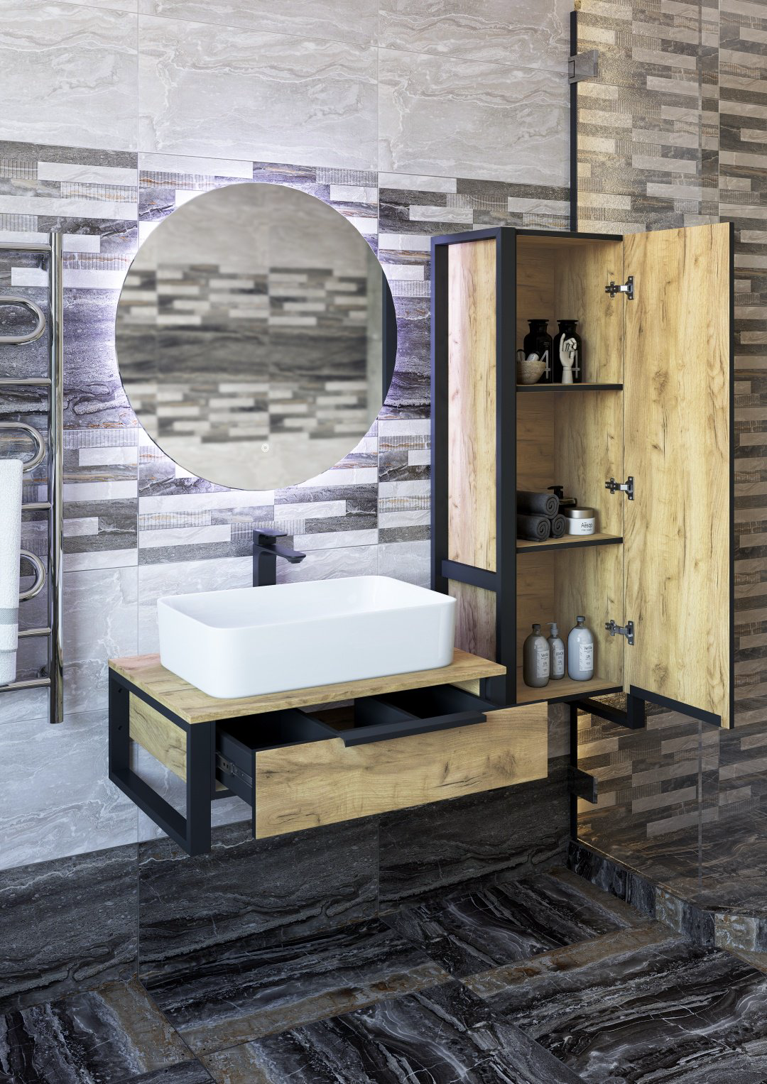 Тумба без раковины Sanflor Гард 60 С27068, 60x25x48 см, черный, золотистый купить,NaN