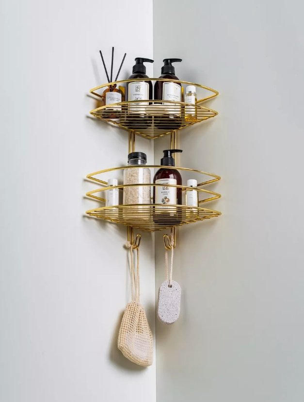 Полка для ванной П24500 золото, 2 яруса с вешалками Proffero нержавеющая сталь