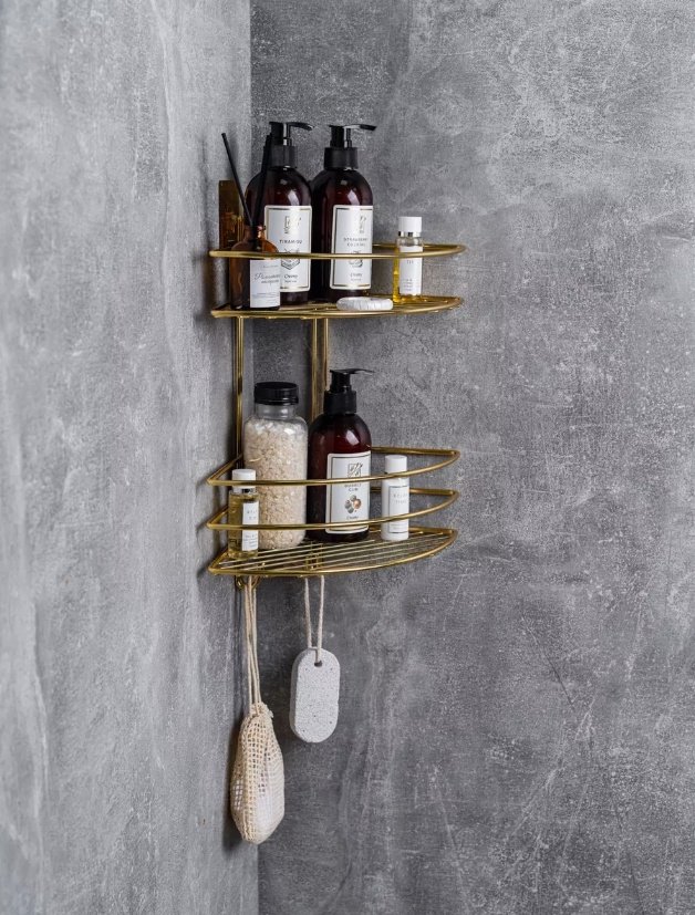 Полка для ванной П24500 золото, 2 яруса с вешалками Proffero нержавеющая сталь