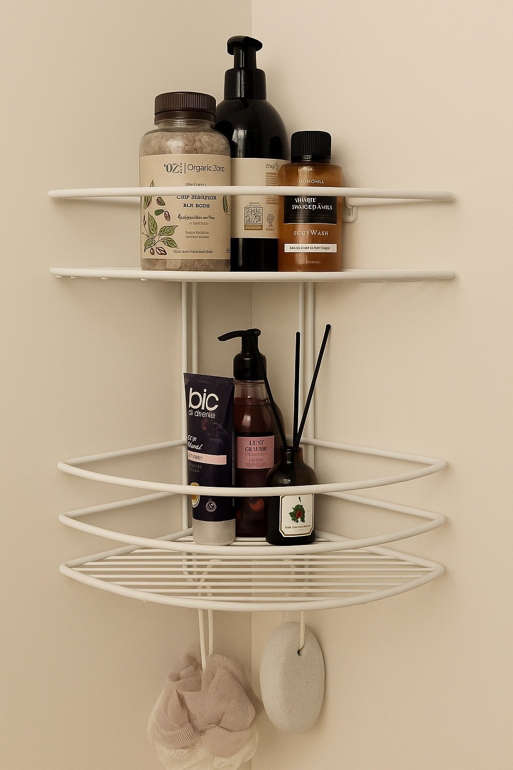 Полка для ванной П0002003 угловая с вешалками, 2 яруса ProfFero, белый муар