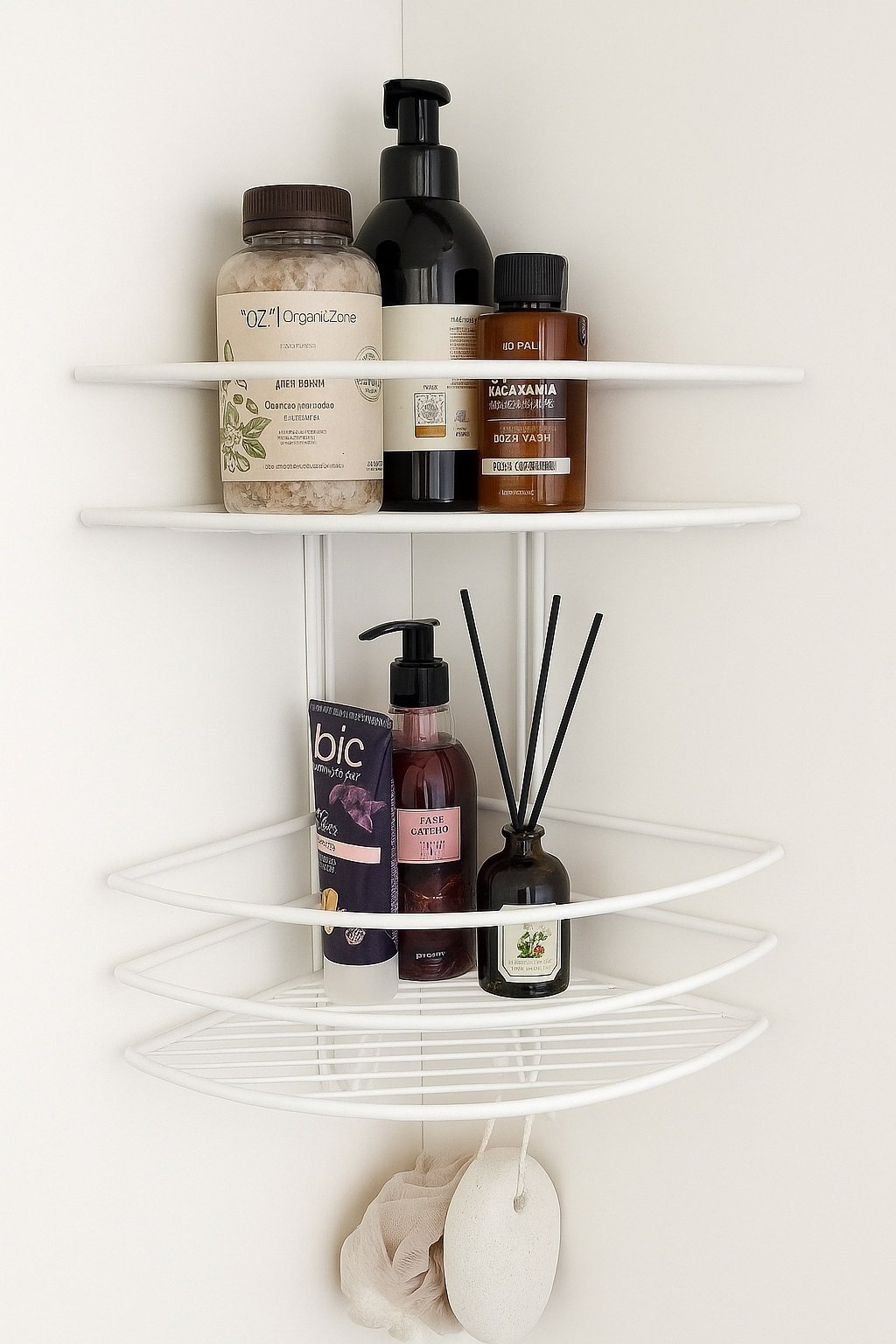 Полка для ванной П0002003 угловая с вешалками, 2 яруса ProfFero, белый муар