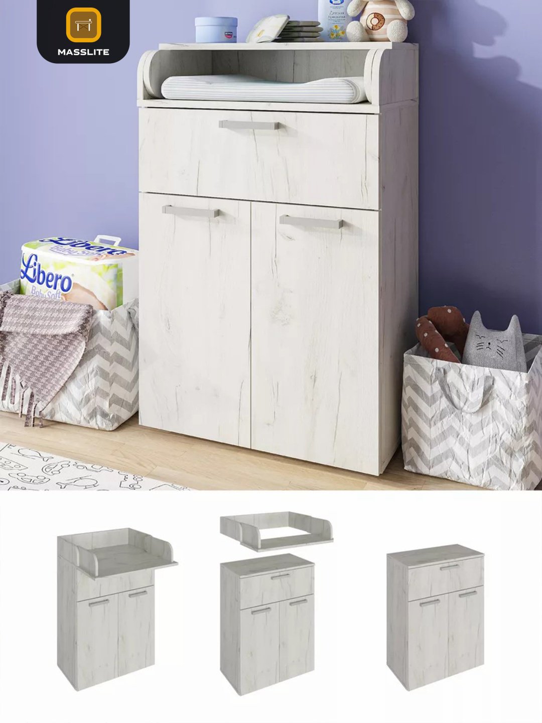 Детский пеленальный комод MassLite К-120034, 60x35x94 см, белый, светло серый купить,NaN