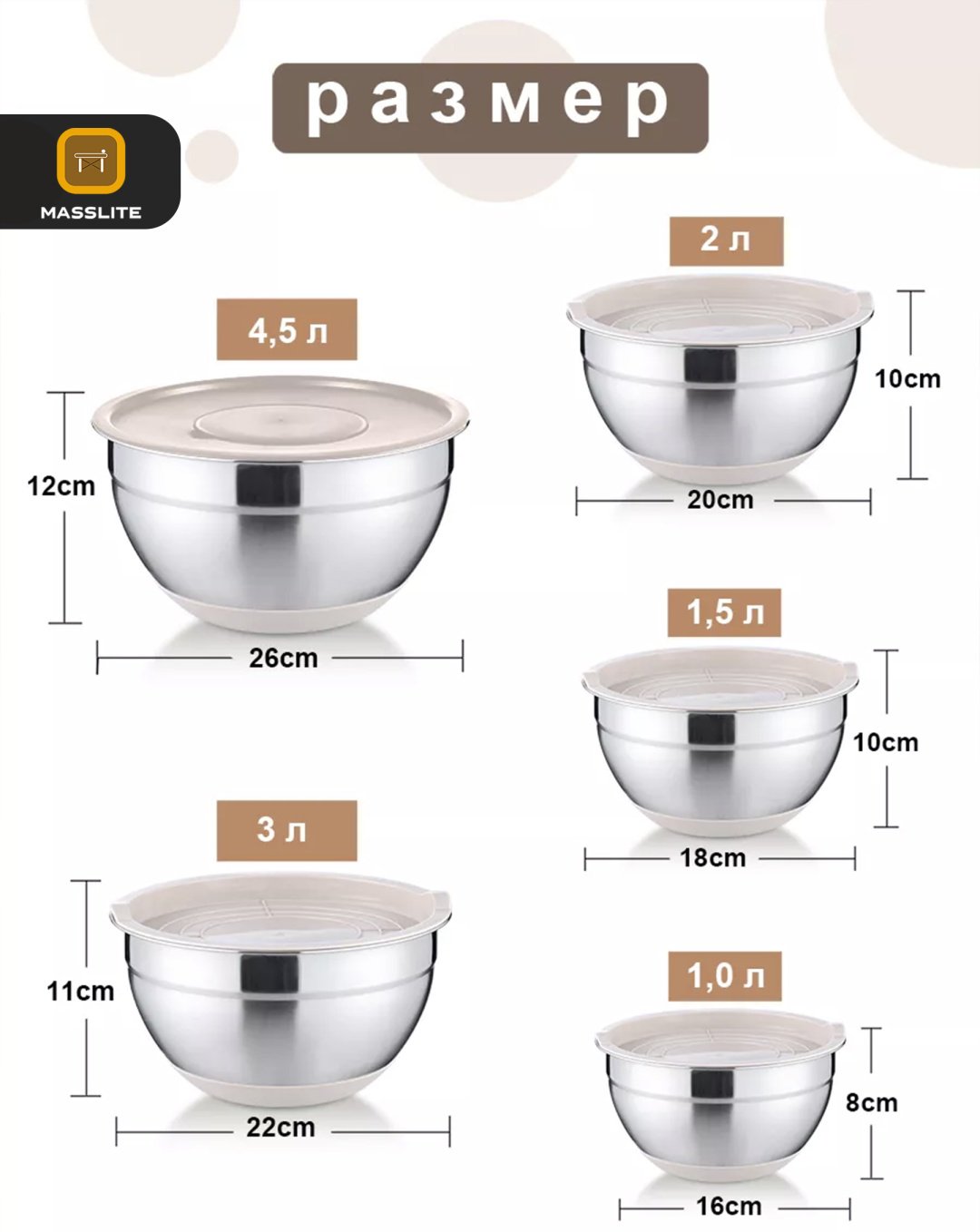 Миска MassLite 8 шт, нержавеющая сталь, пластик, силикон, 26х26 см купить,NaN