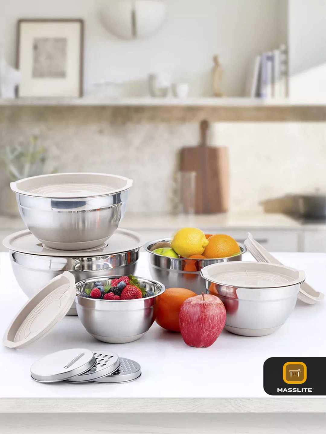 Миска MassLite 8 шт, нержавеющая сталь, пластик, силикон, 26х26 см купить,NaN