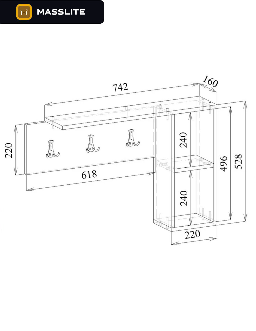 Вешалка настенная MassLite ZHM-000022, ЛДСП, 83.8x52.8 см, белый купить,NaN