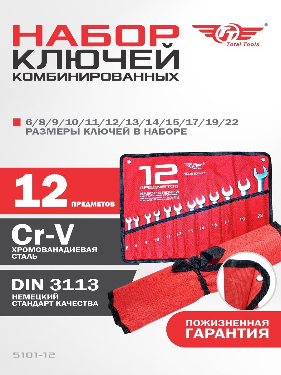 TT набор ключей комбинированный 6-22 мм 5101-12, 12 шт