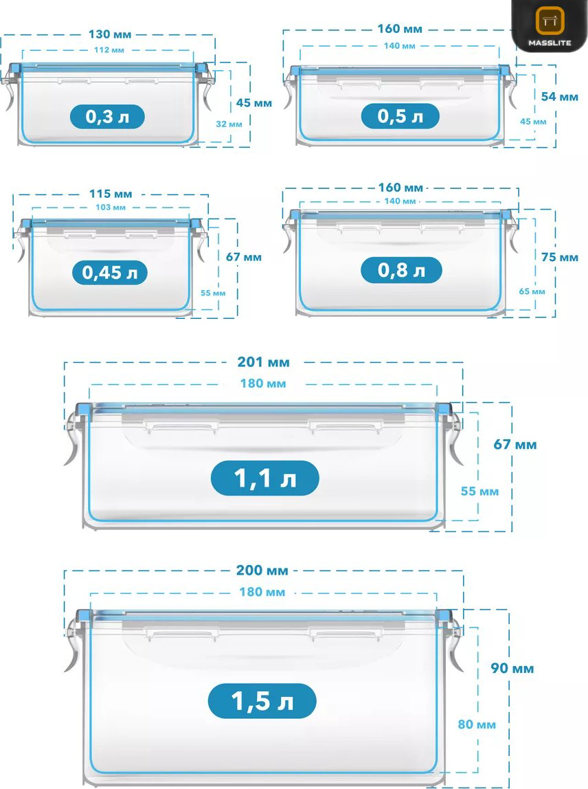 MassLite набор контейнеров МС-100008 6 шт, полипропилен, пластик купить,NaN