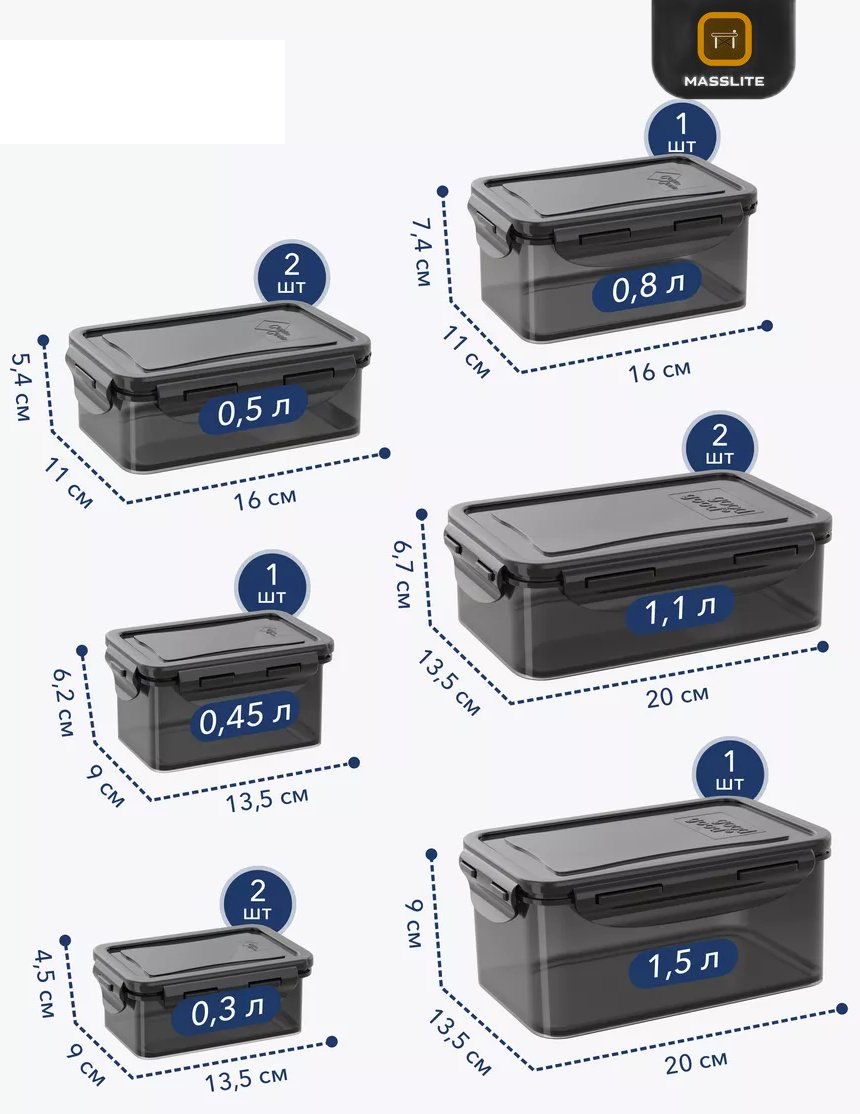 MassLite набор контейнеров МС-100014 9 шт, полипропилен, пластик купить,NaN