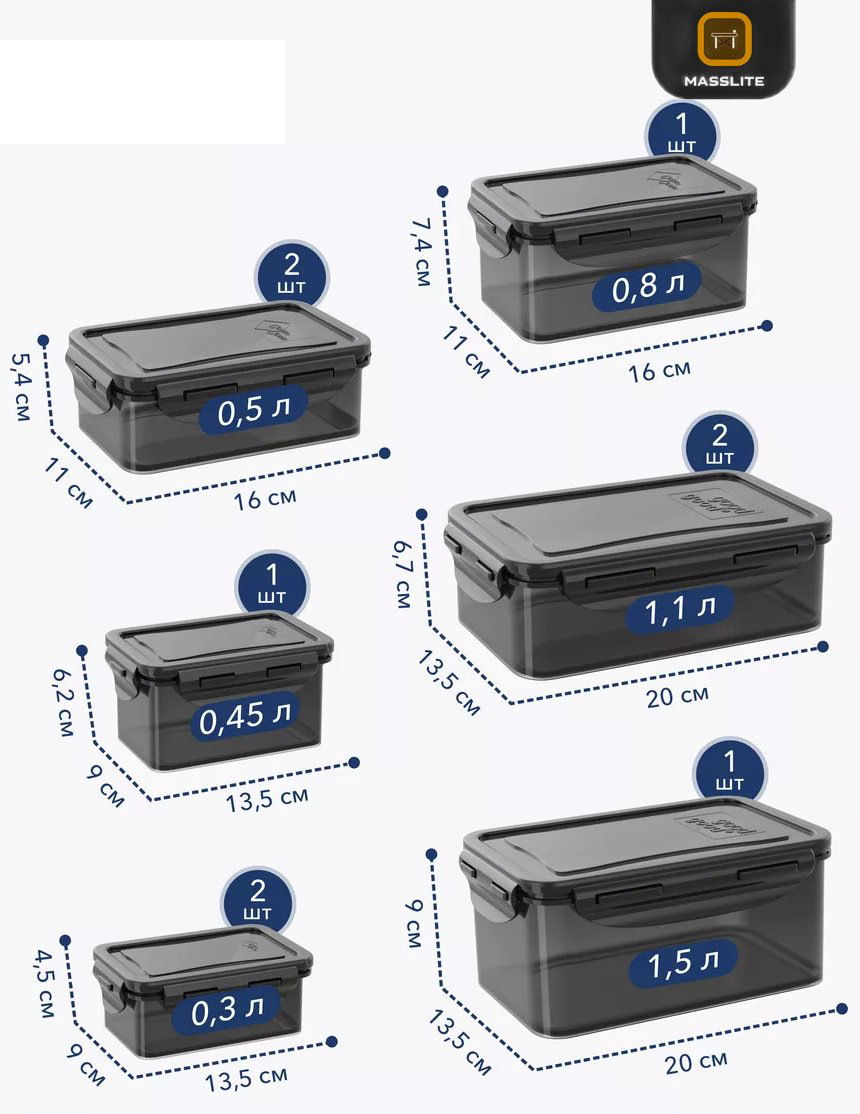 MassLite набор контейнеров МС-100014 9 шт, полипропилен, пластик купить,NaN