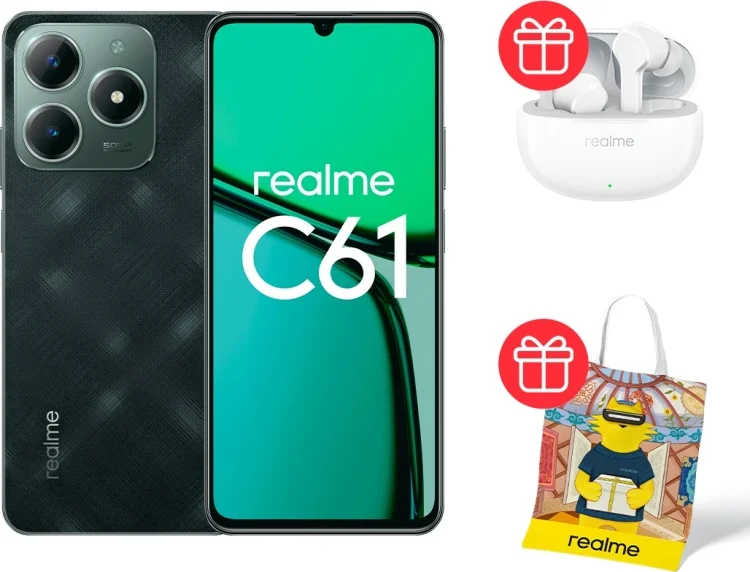 Смартфон Realme C61 8/256Gb Dark Green + Подарок Наушники Realme Buds T110 White + Шоппер Realme