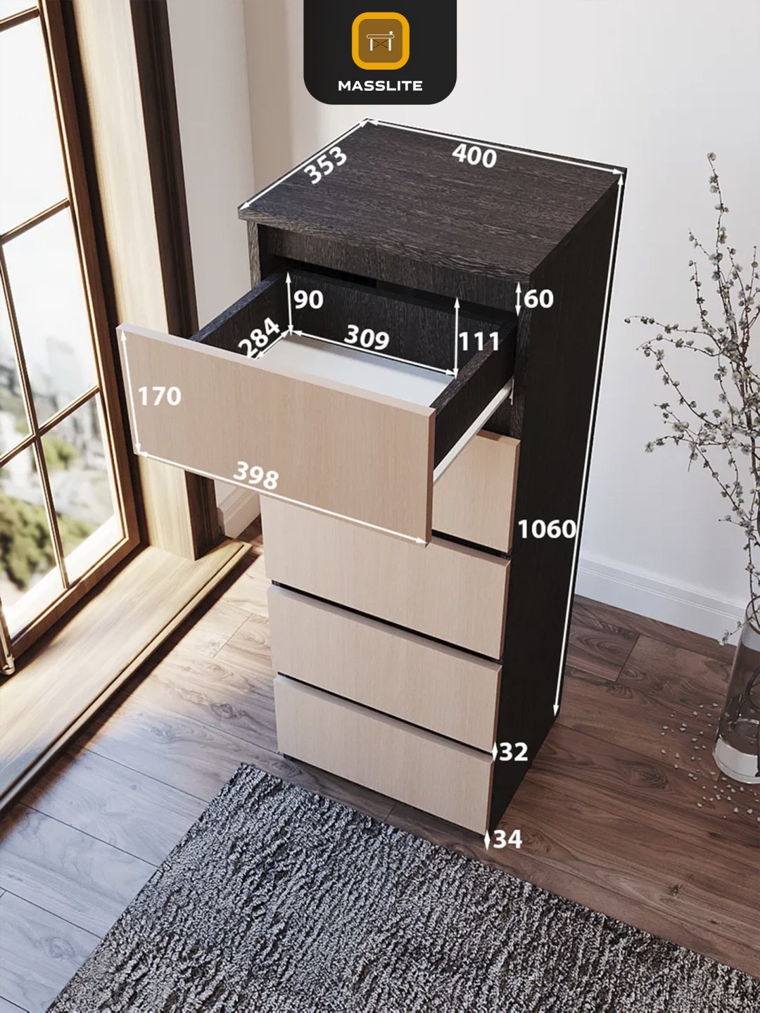 Комод MassLite DD-001832, 40x35.30x106 см, темно-коричневый, светло-коричневый купить,NaN