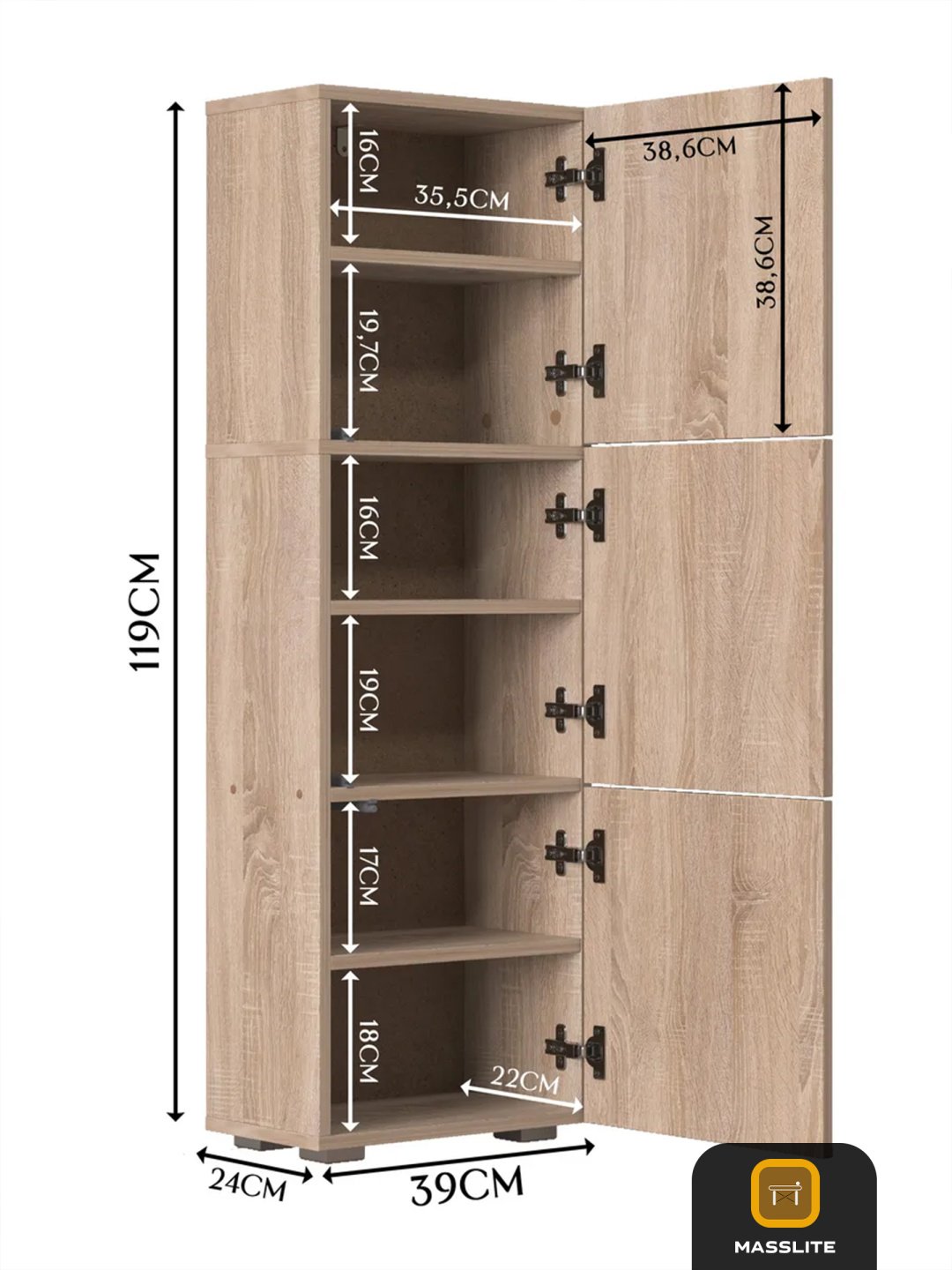 Комод MassLite DD-001157, 39x24x119 см, светло-коричневый купить,NaN
