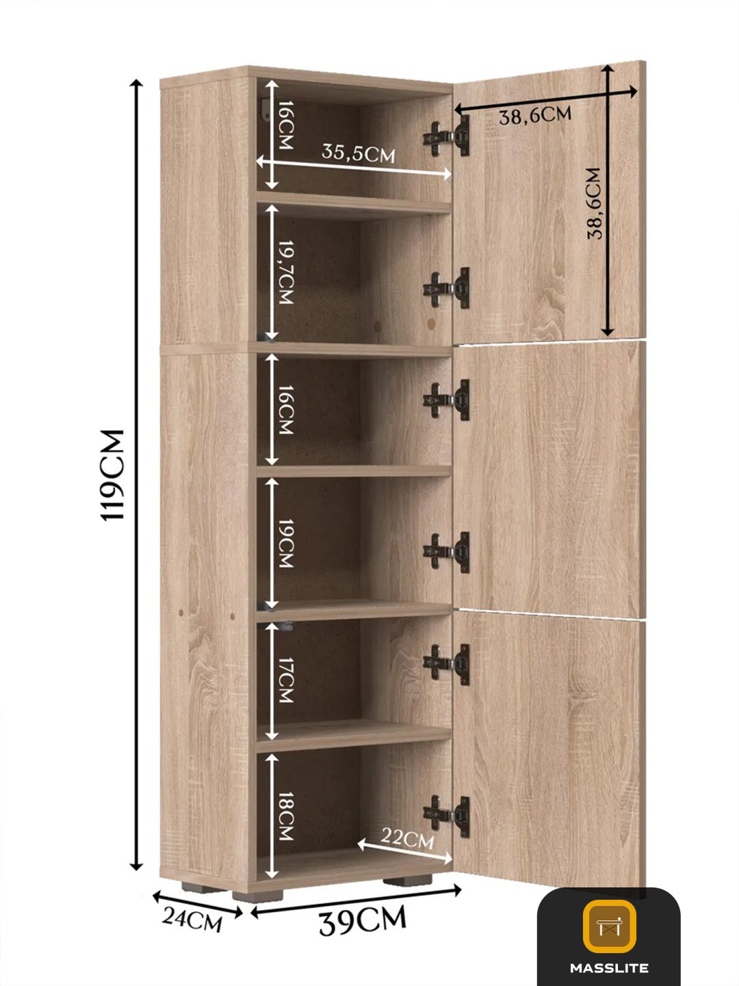 Комод MassLite DD-001157, 39x24x119 см, светло-коричневый купить,NaN
