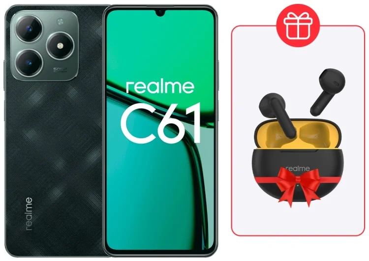 Смартфон Realme C61 6/128Gb Dark Green + Подарок Наушники Realme Buds T01 Black купить,NaN