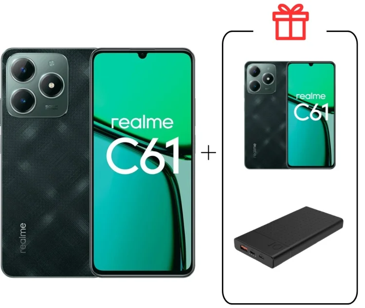 Смартфон Realme C61 6/128Gb Dark Green + Подарок Cмартфон Realme C61 6/128Gb Dark Green + Внешний аккумулятор Astero 10 PD 10000мАч купить,NaN
