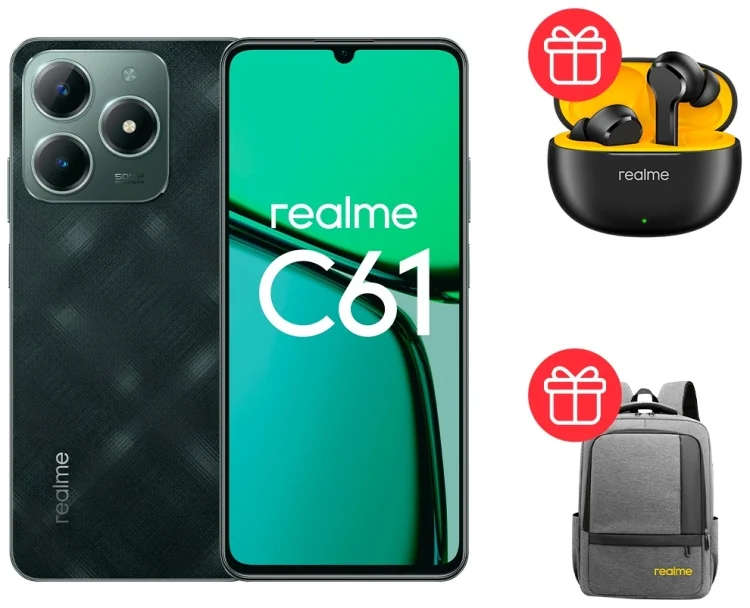 Смартфон Realme C61 6/128Gb Dark Green + Подарок Наушники Realme Buds T110 Black + Рюкзак Realme Grey купить,NaN