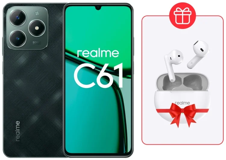 Смартфон Realme C61 6/128Gb Dark Green + Подарок Наушники Realme Buds T01 White