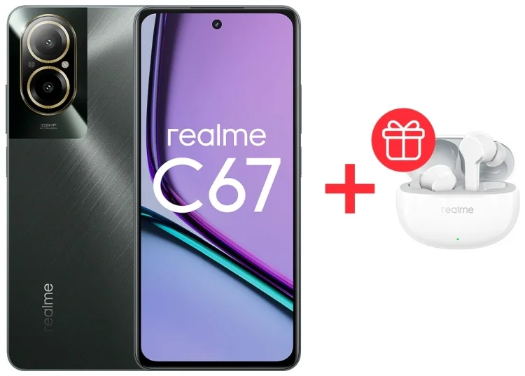 Смартфон Realme C67 4G 6/128Gb Black Rock + Подарок Наушники Realme Buds T110 White купить,NaN