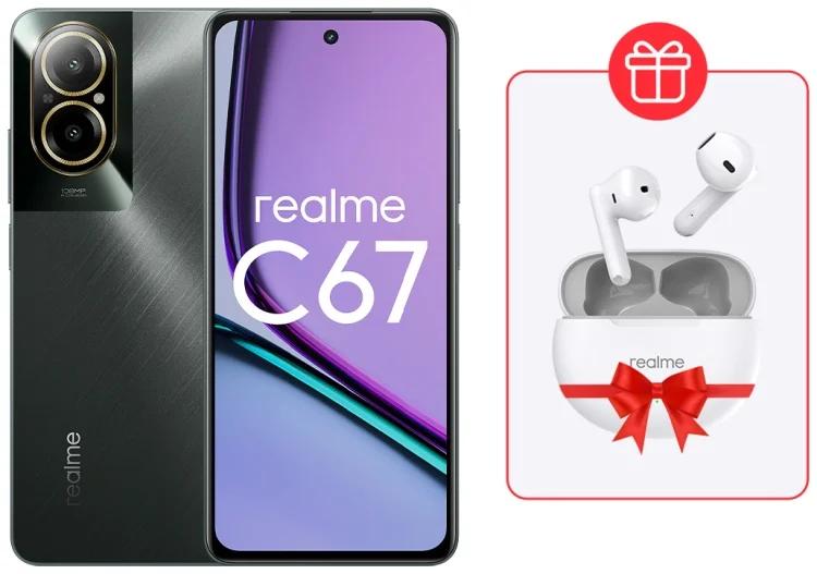 Смартфон Realme C67 4G 6/128Gb Black Rock + Подарок Наушники Realme Buds T01 White