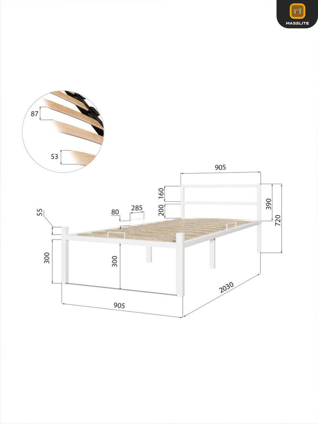 MassLite АМ-1000144 односпальная, 90x200 см (без матраса, без подъёмного механизма) белый купить,NaN
