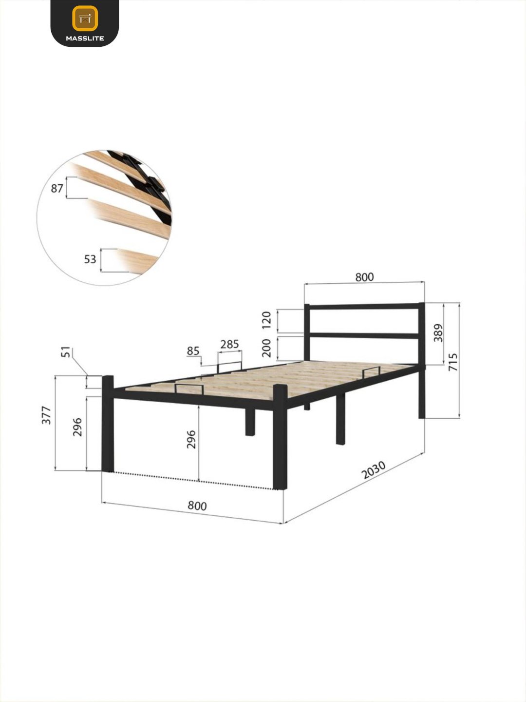 Кровать MassLite АМ-1000138 односпальная, 80x200 см (без матраса, без подъёмного механизма) черный купить,NaN
