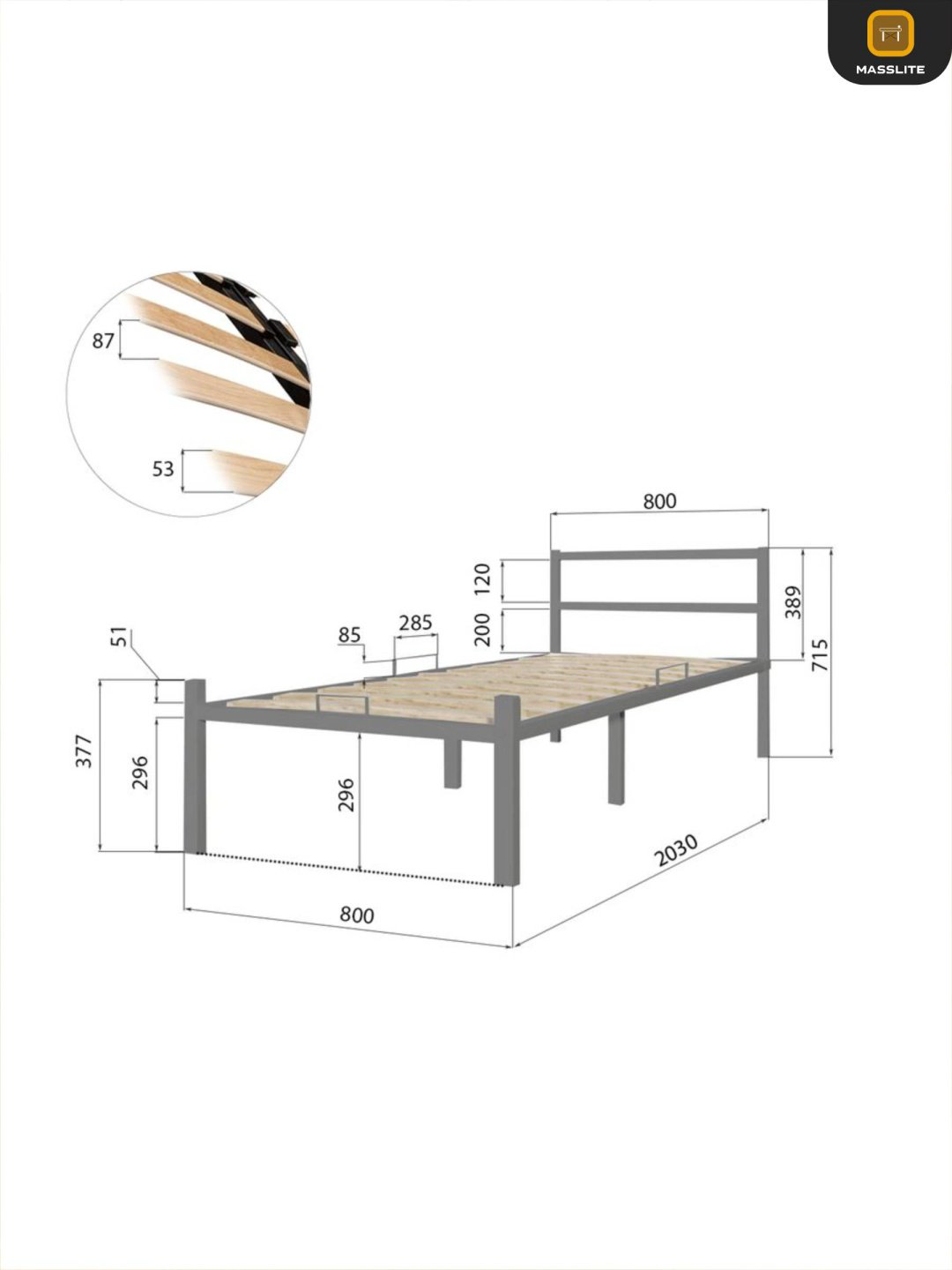 Кровать MassLite АМ-1000139 односпальная, 80x200 см (без матраса, без подъёмного механизма) серый купить,NaN