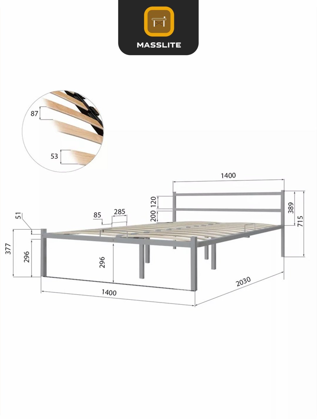 Кровать MassLite АМ-1000136 двуспальная, 140x200 см (без матраса, без подъёмного механизма) серый купить,NaN