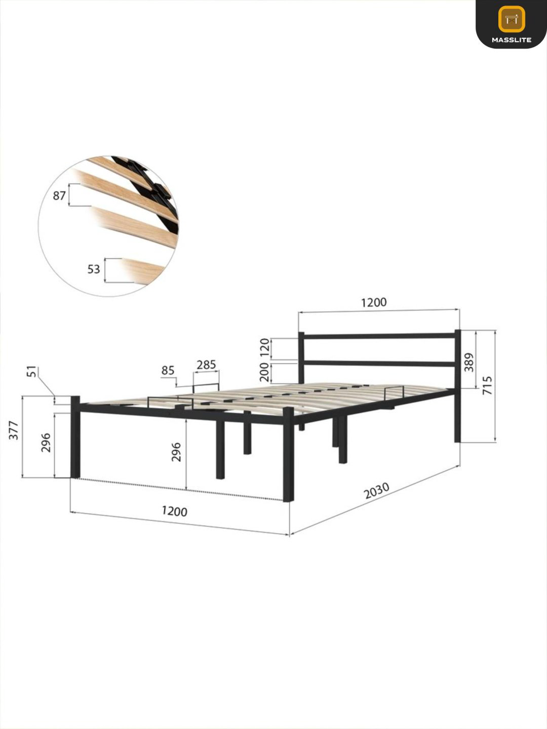 Кровать MassLite АМ-1000128 двуспальная, 120x200 см (без матраса, без подъёмного механизма) черный купить,NaN